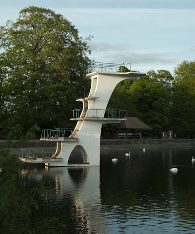 A tall, white diving platform stands over a calm body of water, surrounded by lush green trees. The platform has multiple levels and is reflected in the water below. Several swans are floating on the surface of the water, adding to the serene ambiance.