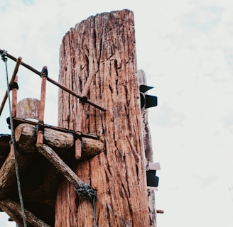 A tall, weathered wooden post supports a rustic platform constructed from wooden planks and ropes. The structure appears part of an adventure or obstacle course, with ladders or steps attached to the post. The sky is partly cloudy, and some tree branches can be seen in the background.